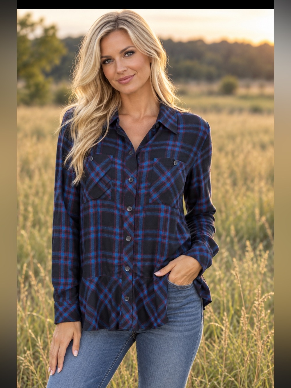 Cabi Blue and Burgundy Plaid Button Up Top